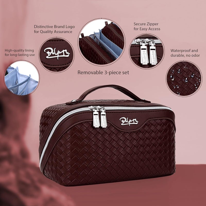 BOYATU Travel Makeup Bag Cosmetic Bags for Women: Large Capacity 3 Pcs Set Make up Bag with Compartments - Waterproof Vegan Leather Toiletry Organizer Bags with Handle (L14 Wine red) - Image 2